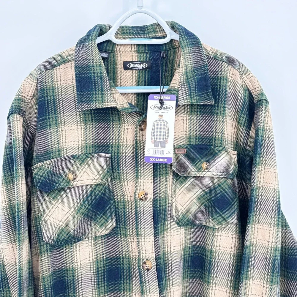 Buffalo David Bitton Mens XXL Green Plaid Cotton Flannel Shirt Jacket Shacket